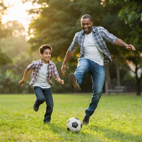 Padre e hijo jugando al fútbol en el parque Foto Premium