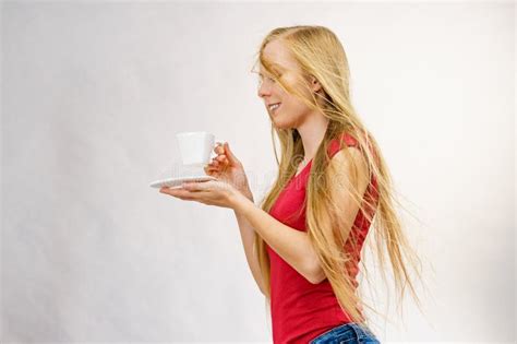 Blonde Girl Blowing Hair Holds Coffee Cup Stock Photo Image Of Hair Good