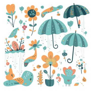 April Showers Clipart Various Flowers With Umbrellas And Rain Cartoon ...