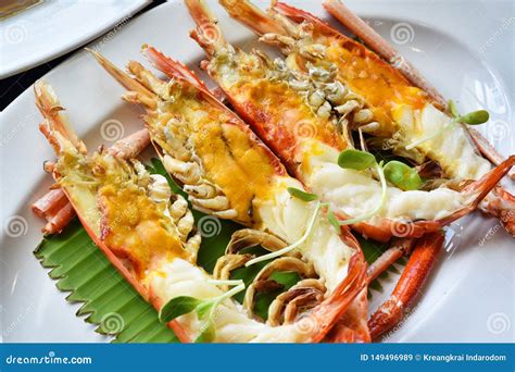 Grilled River Prawn With Head Oil Butter Fresh Water Giant Prawn Roasted Stock Image Image