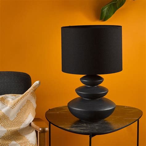 Dar Lighting Discus Ceramic Table Lamp In Black With Black Cotton Shade