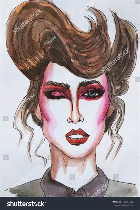 Watercolor Illustration Lady Hairstyle Makeup Stock Illustration