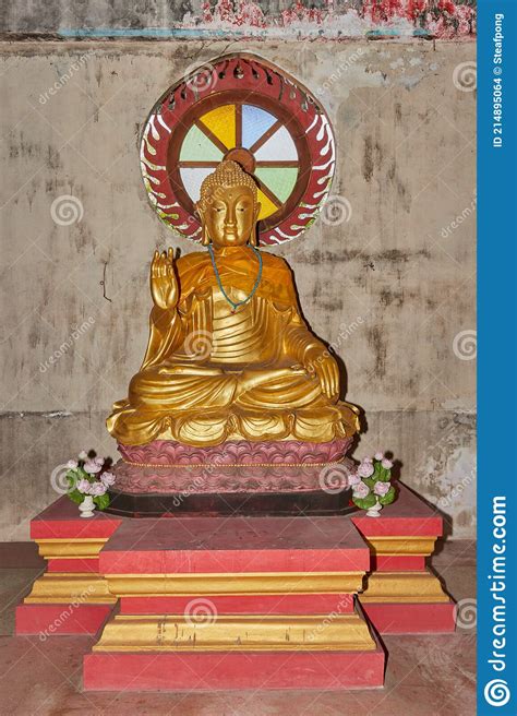 Portrait Front Gold Buddha Statue Show Right Hand Gesture Editorial