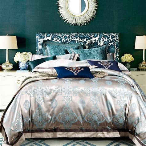 Bedroom D Cor 4pcs Mulberry Luxury Silk Bed Linen Jacquard BLUE Silk