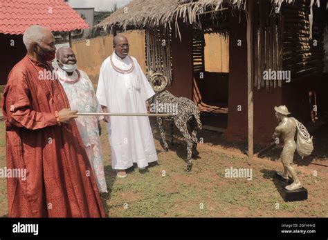 Traditional Heads In Benin Kingdom View Artworks During An Exhibition