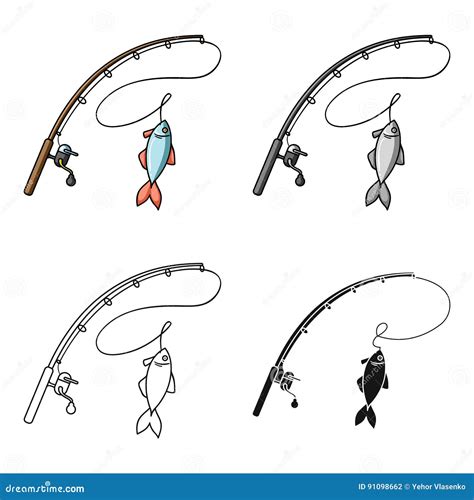 Fishing Rod And Fish Icon In Cartoon Style Isolated On White Background