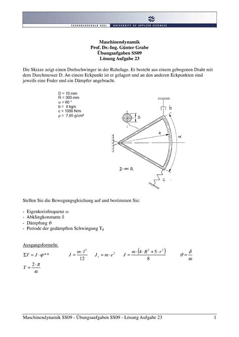 Maschinendynamik Übung SS09 Aufgabe 23 Prof Dr Ing Günter