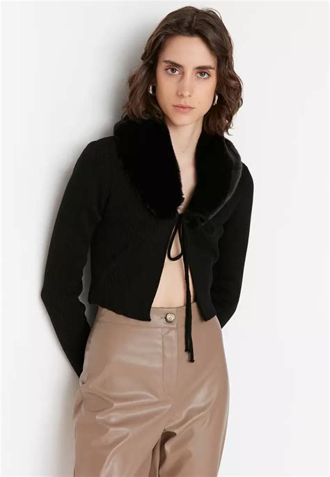 Buy Trendyol Faux Fur Collar Knitted Cardigan Online Zalora Malaysia