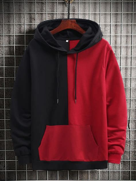 Men Colorblock Kangaroo Pocket Drawstring Hoodie Hoddies Outfits