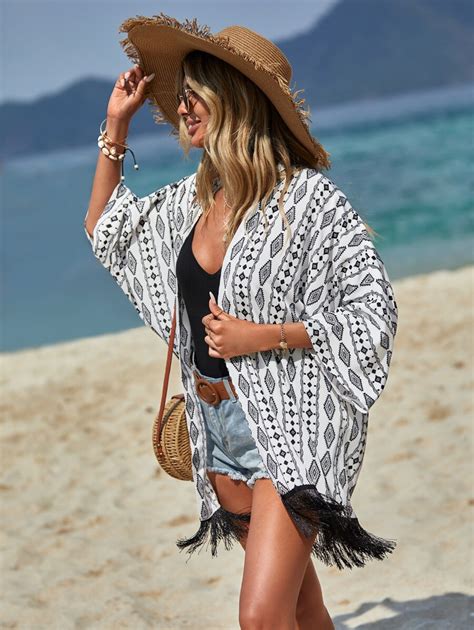 Shein Swim Bohofeel Argyle Print Batwing Sleeve Fringe Hem Kimono