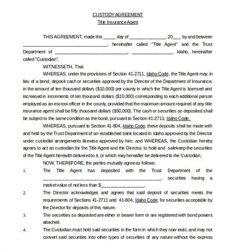 Custody Agreement Template 11 Word Pdf Document Download