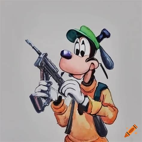 Humorous Depiction Of Goofy Holding A Gun On Craiyon