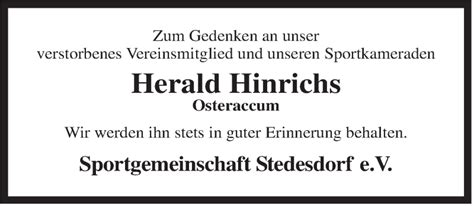 Traueranzeigen Von Herald Werner Hinrichs Nordwest Trauer De