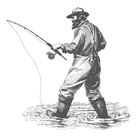 Pescador en acción imágenes usando estilo de grabado antiguo Vector