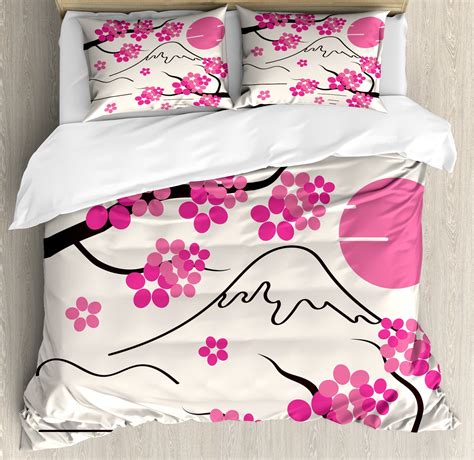 Ambesonne Pink Floral Duvet Cover Set Japan Sakura And Hill 2 Calking Off White Pink