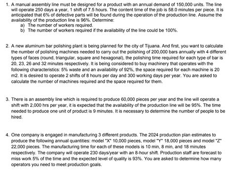 Solved A Manual Assembly Line Must Be Designed For A Chegg