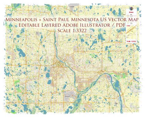 Minneapolis + Saint Paul Minnesota US PDF Vector Map: Accurate High ...