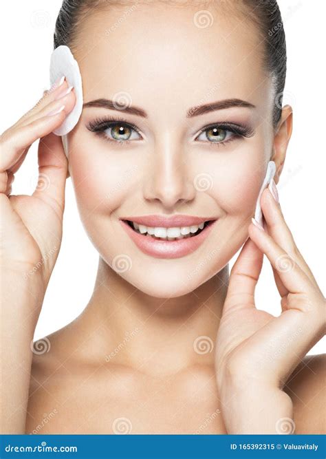 Beautiful Woman Cleans The Face With Cotton Swab Stock Image Image Of