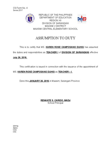 Assumption To Duty 201 File Pdf