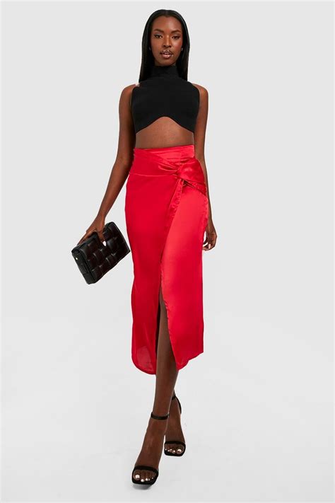 Satin Knotted Split Midi Skirt Boohoo