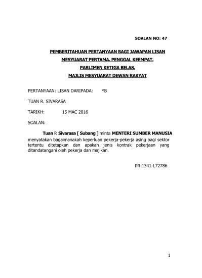 PEMBERITAHUAN PERTANYAAN BAGI JAWAPAN LISAN MESYUARAT PERTAMA PENGGAL