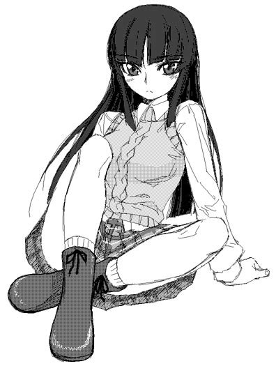 Safebooru 00s 1girl Aran Sweater Boots Gad Guard Long Hair Monochrome