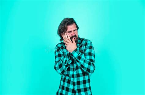 Unhappy Handsome Hipster Has Toothache Mature Man Has Moustache Feel