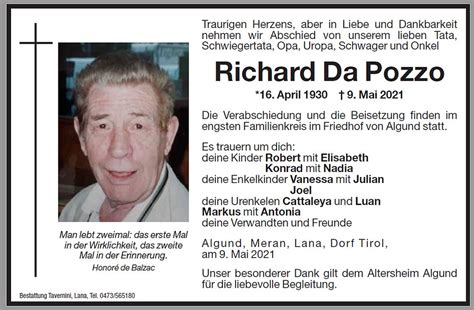 Richard Da Pozzo Aus Algund Trauerhilfe It Das S Dtiroler Gedenkportal