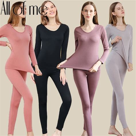 Warm Thermal Underwear Sexy Ladies Intimates Long Johns Women Shaped Sets Female Middle Collar