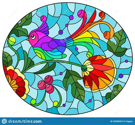 Stained Glass Illustration With A Bright Abstract Bird On A Background Of Leaves Flowers And