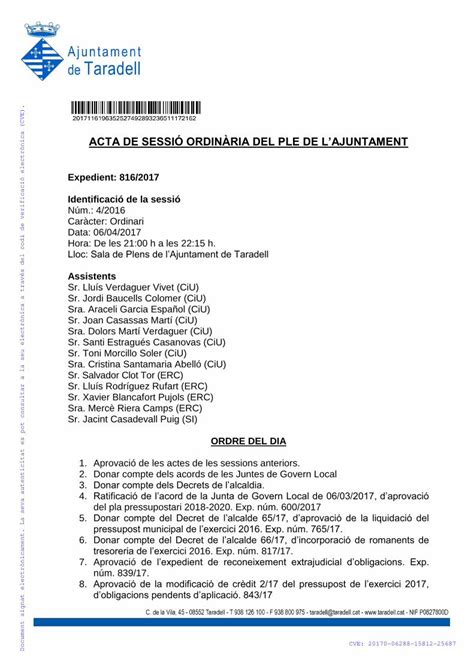 PDF ACTA DE SESSIÓ ORDINÀRIA DEL PLE DE LAJUNTAMENT No es formula