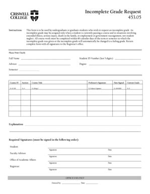 Fillable Online Incomplete Grade Request Criswell College Fax