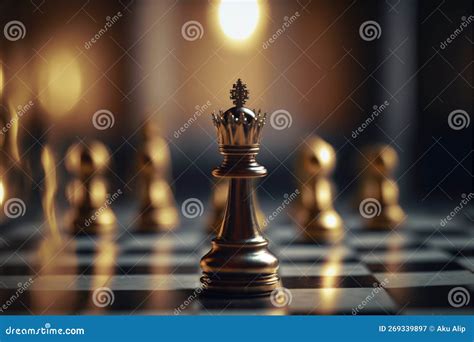 Golden Queen King Chess Standing In Front Of Other Chess Stock