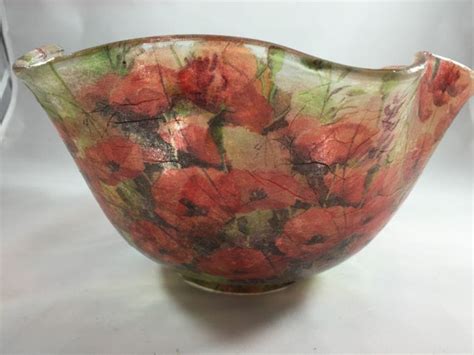 Decoupage Bowl Decorative Glass Bowl Red By Glassbowlsbykatyjean