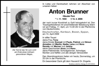 Traueranzeigen Von Anton Brunner Trauer Bz