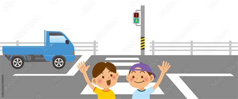 手を挙げて横断歩道を渡る小学生と軽トラックのイメージイラスト Stock Vector Adobe Stock