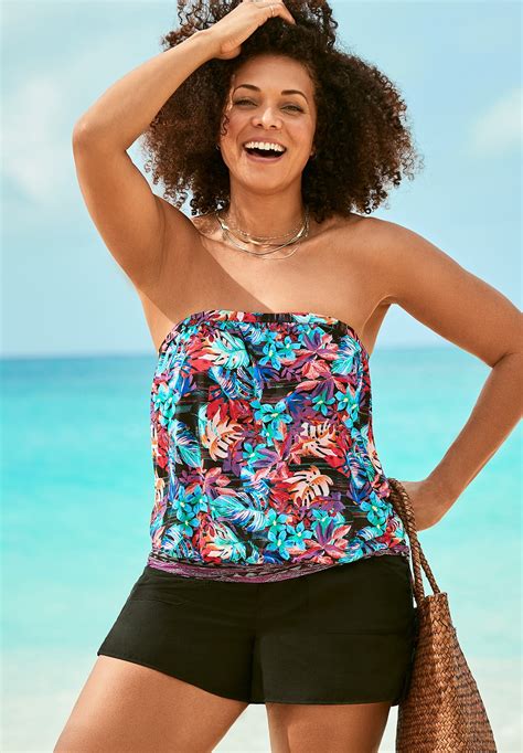 Bandeau Blouson Tankini Set Wtih Cargo Short Wild Multi Black