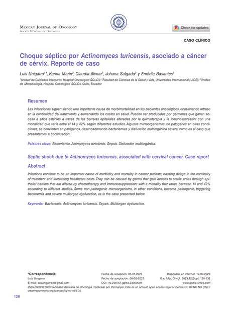 Pdf Choque S Ptico Por Actinomyces Turicensis Asociado A C Ncer De