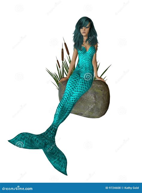 Stock Photo: Aqua Mermaid Sitting On A Rock. Image: