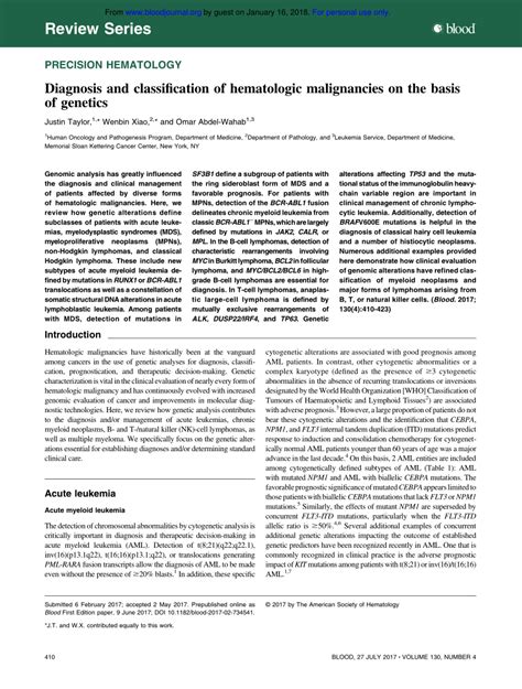 (PDF) Diagnosis and classification of hematologic malignancies on the basis of genetics