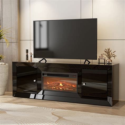 Ikifly Mirrored Tv Stand With Fireplace Tv Stand For 65 Inch Tv Mantel Freestanding Heater W