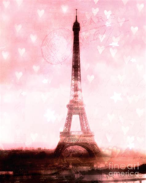 Paris Dreamy Pink Eiffel Tower With Hearts And Stars Paris Pink Eiffel Tower Romantic Pink Art