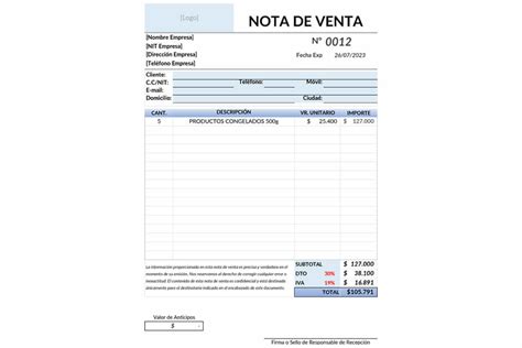 Formato Nota De Venta Para Imprimir En Excel Y Pdf