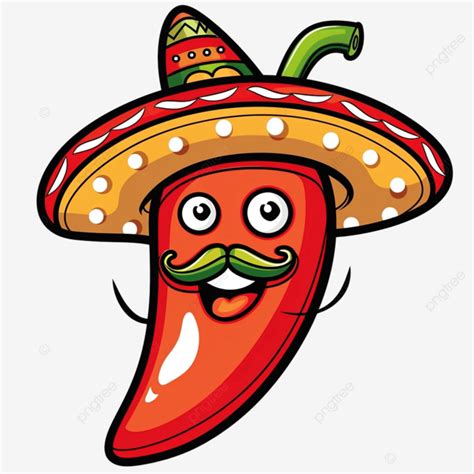 Cartoon Chilli Pepper Wearing Sombrero Hat Outline Red Food