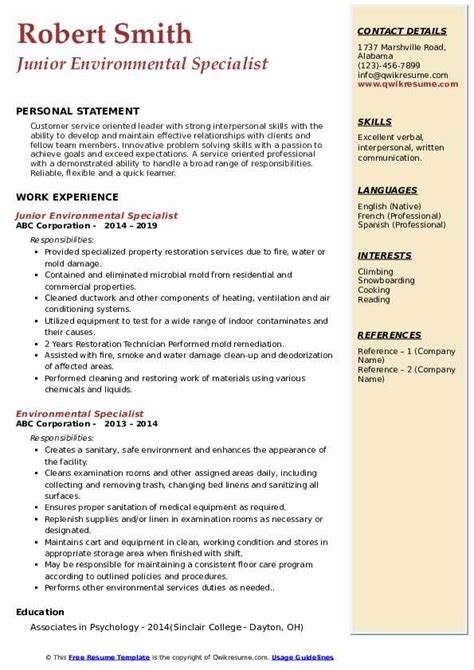 Environmental Specialist Resume Samples Qwikresume