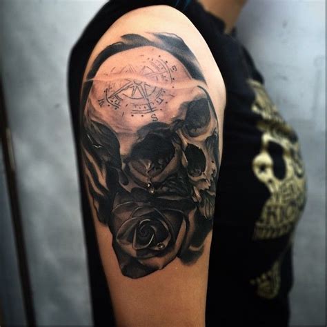 Super Fun Skull And Rose Tattoo Design