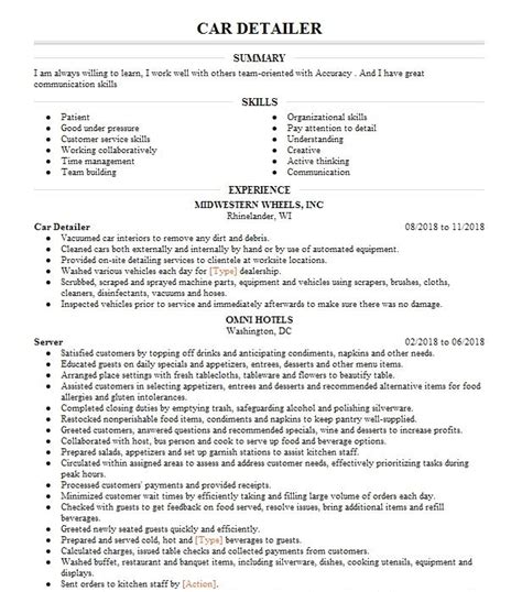 Car Detailer Resume Example