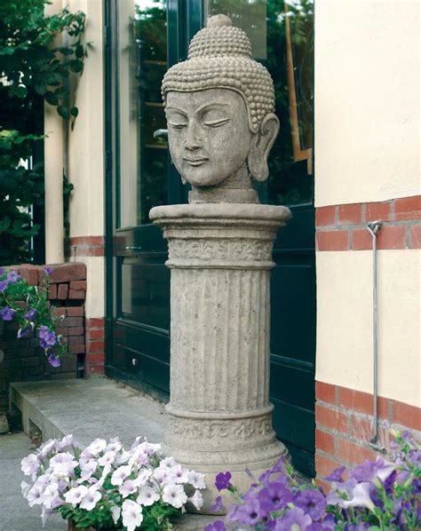 Buddha Head Stone Garden Ornament On Pedestal