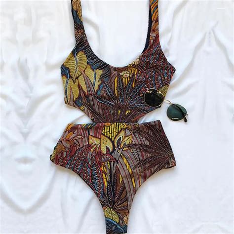 Buy Vintage Printed Bandage One Piece Swimsuit Women Swimwear High Cut Out