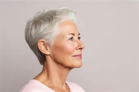 Premium Photo Portrait Of Mature Woman Posing In Profile On Grey Background Isolated